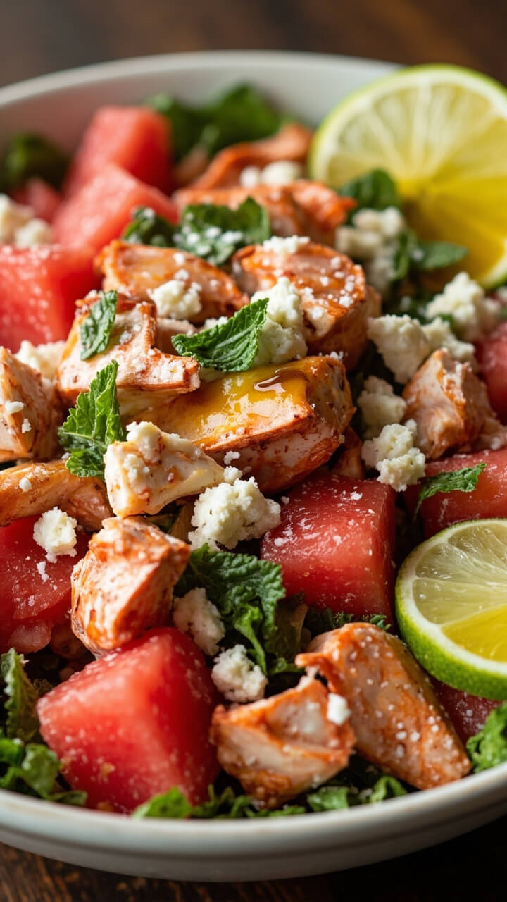 A bright salad bowl with cubes of watermelon, lobster pieces, crumbled feta cheese, and torn mint leaves, finished with a drizzle of olive oil and lime wedges on the rim.