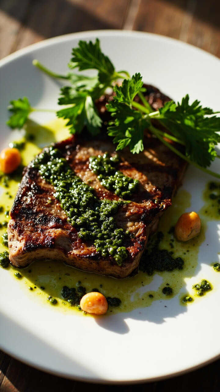 Sliced grilled skirt steak on a white platter, drizzled generously with bright green chimichurri and garnished with a few sprigs of parsley. Sliced grilled skirt steak on a white platter, drizzled generously with bright green chimichurri and garnished with a few sprigs of parsley.