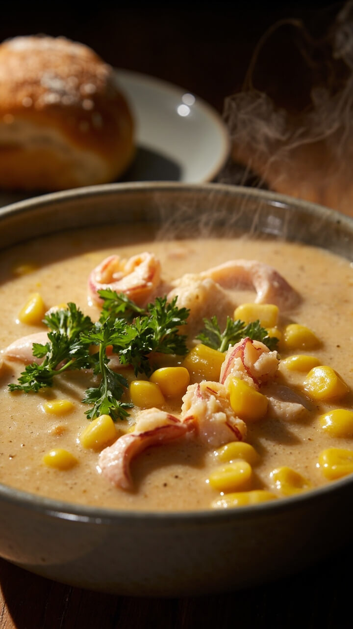 A soup bowl filled with creamy chowder, golden corn kernels and visible pieces of pink langostino, sprinkled with chopped parsley, served with a crusty bread roll on a side plate.