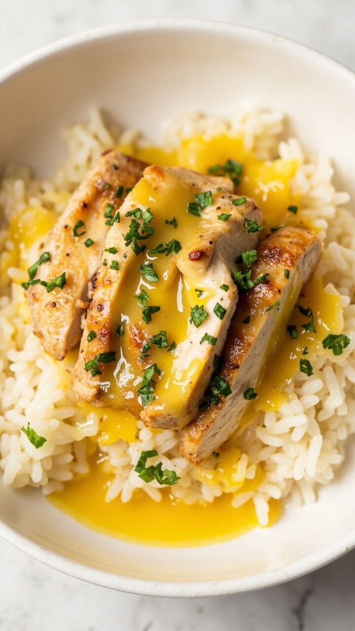 A shallow white bowl filled with fluffy white rice topped with sliced seared chicken breasts drizzled with golden garlic butter sauce. Chopped parsley adds a touch of color.
