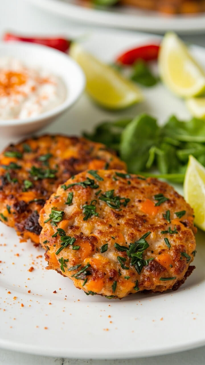 Golden brown salmon cakes studded with green herbs and orange sweet potato bits, served on a plate with lime wedges and a small bowl of creamy yogurt dipping sauce dusted with paprika.