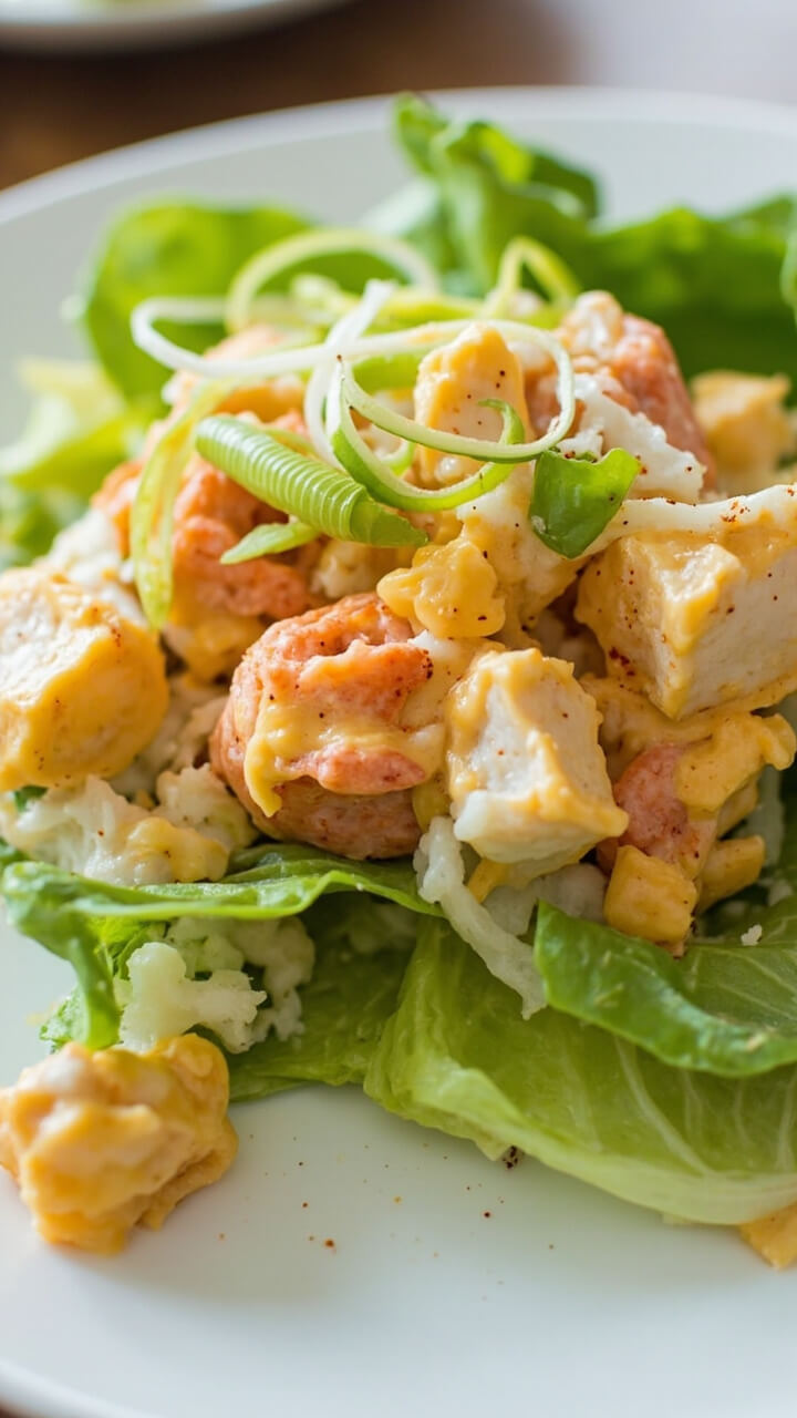 Chilled plate holding butter lettuce leaves topped with creamy, orange-hued remoulade-dressed lobster and celery, finished with sliced scallions and a dusting of paprika.