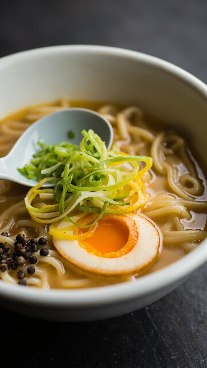 A deep white soup bowl with ramen noodles in pale clear broth, streaked with feathery yellow ribbons of egg and tipped with bright green sliced scallions. A spoon and cracked black pepper finish the setting. A deep white soup bowl with ramen noodles in pale clear broth, streaked with feathery yellow ribbons of egg and tipped with bright green sliced scallions. A spoon and cracked black pepper finish the setting.