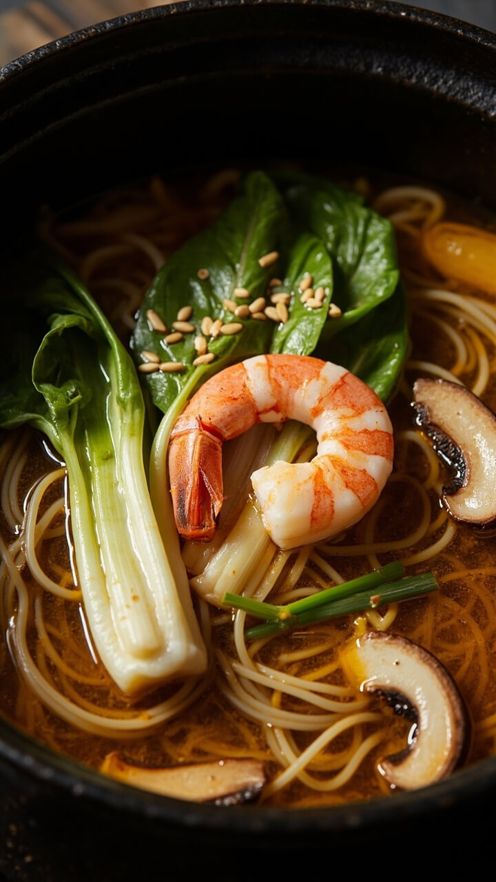 A deep soup pot with clear golden miso broth, shrimp, baby bok choy, mushrooms, and scallions floating. Served over cooked soba noodles, with a few sesame seeds sprinkled on top.