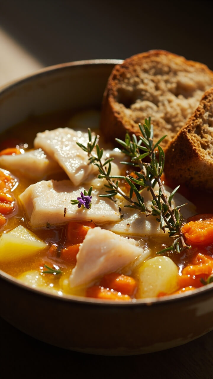 A cozy soup bowl filled with clear, golden broth, chunks of smoked white fish, diced potato and carrot, and scattered fresh thyme. A slice of toasted sourdough leans against the rim. A cozy soup bowl filled with clear, golden broth, chunks of smoked white fish, diced potato and carrot, and scattered fresh thyme. A slice of toasted sourdough leans against the rim.