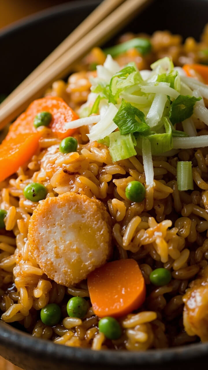 A bowl of colorful fried rice with visible flakes of cod, diced carrots, peas, scallions, and scrambled egg, all tossed together. The rice glistens with soy sauce and is garnished with sliced green onions. Chopsticks rest on the edge of the bowl.