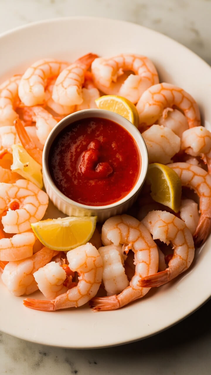 A round platter with a pile of pink, chilled jumbo shrimp in a ring, a bowl of red cocktail sauce in the center, and lemon wedges on the side. A round platter with a pile of pink, chilled jumbo shrimp in a ring, a bowl of red cocktail sauce in the center, and lemon wedges on the side.