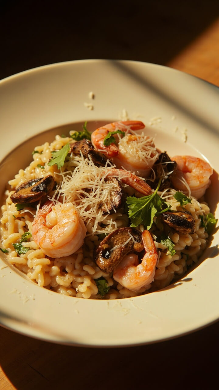 A wide, shallow bowl with creamy pale risotto, shrimp nestled on top, sautéed mushrooms mixed in, and a sprinkle of fresh parsley. A fine dusting of Parmesan cheese over everything.