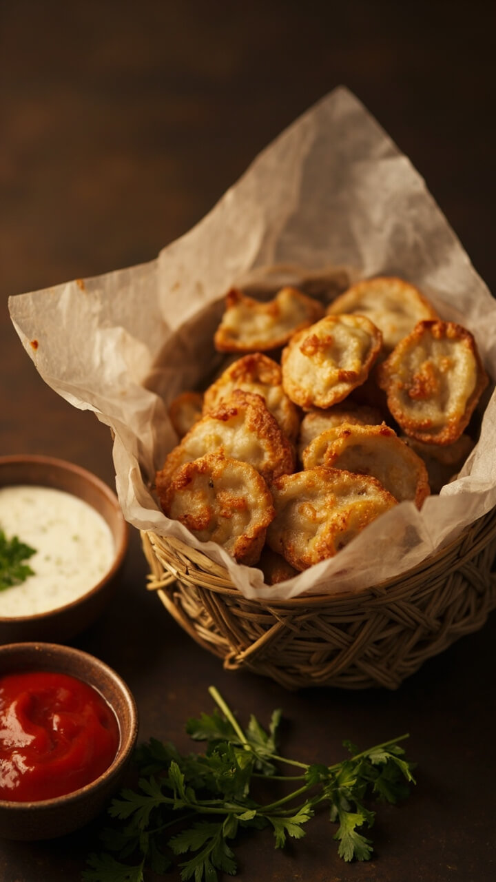 A basket lined with parchment holds a stack of golden-brown, bite-sized rice paper nuggets. A small bowl of ketchup and a bowl of vegan ranch sit beside, with parsley sprigs as garnish.