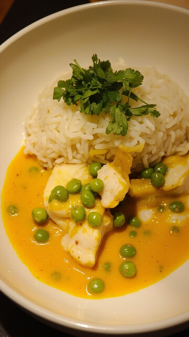 A deep white bowl filled with yellow coconut curry, chunks of white cod, bright green peas, served with fluffy rice and a handful of cilantro on top.