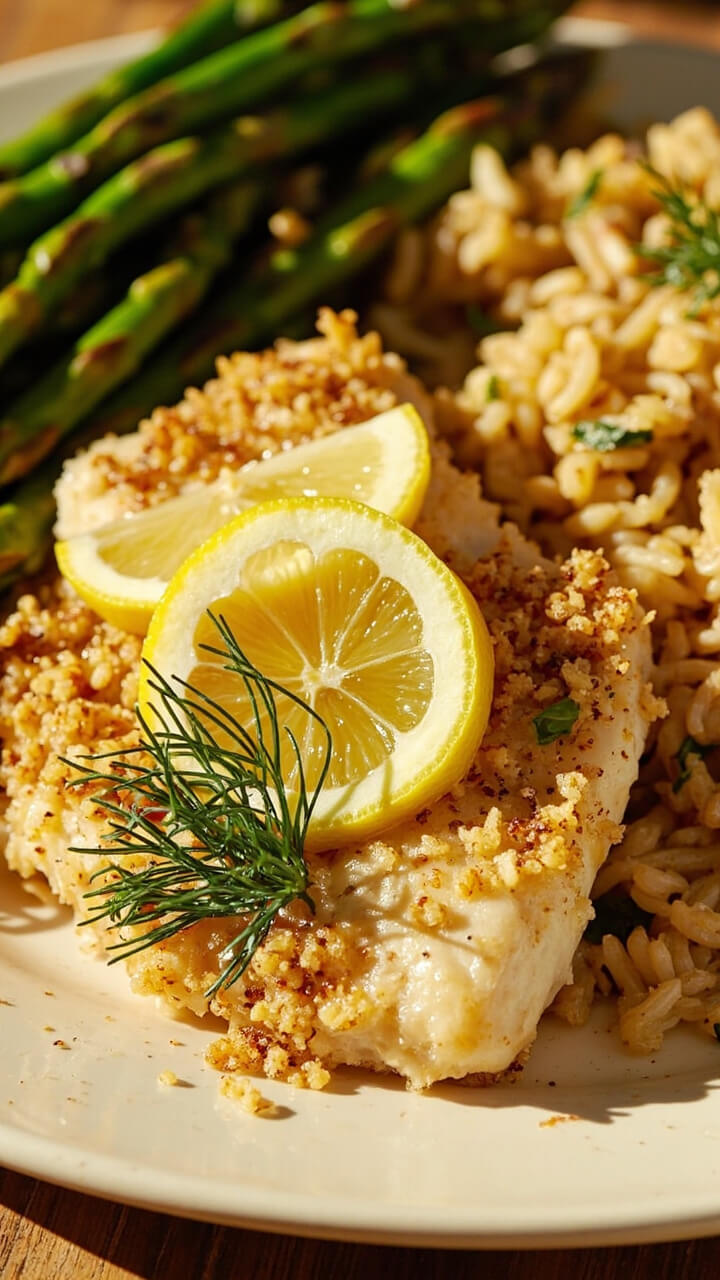 Tender catfish fillets sprinkled with golden parmesan crumbs, lemon slices baked on top, fresh dill scattered, served with roasted asparagus and rice pilaf on a sunlit ceramic plate. Tender catfish fillets sprinkled with golden parmesan crumbs, lemon slices baked on top, fresh dill scattered, served with roasted asparagus and rice pilaf on a sunlit ceramic plate.