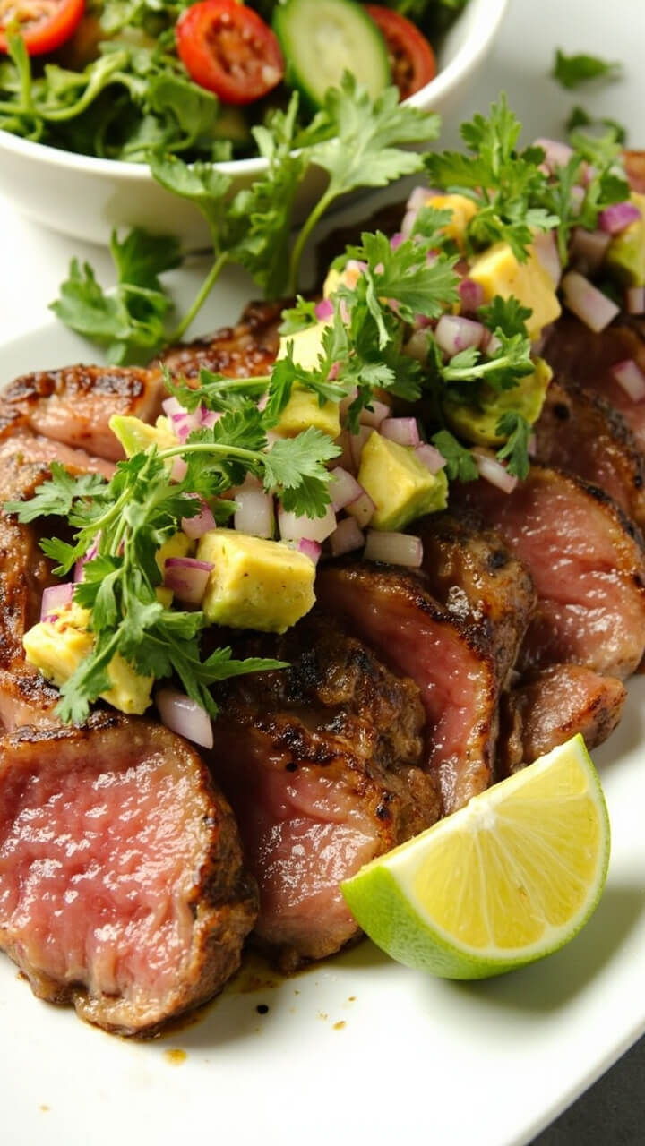 A plate with seared tuna steak slices topped with chunky avocado salsa flecked with red onion and cilantro. Served with a lime wedge and a side of simply dressed mixed greens.