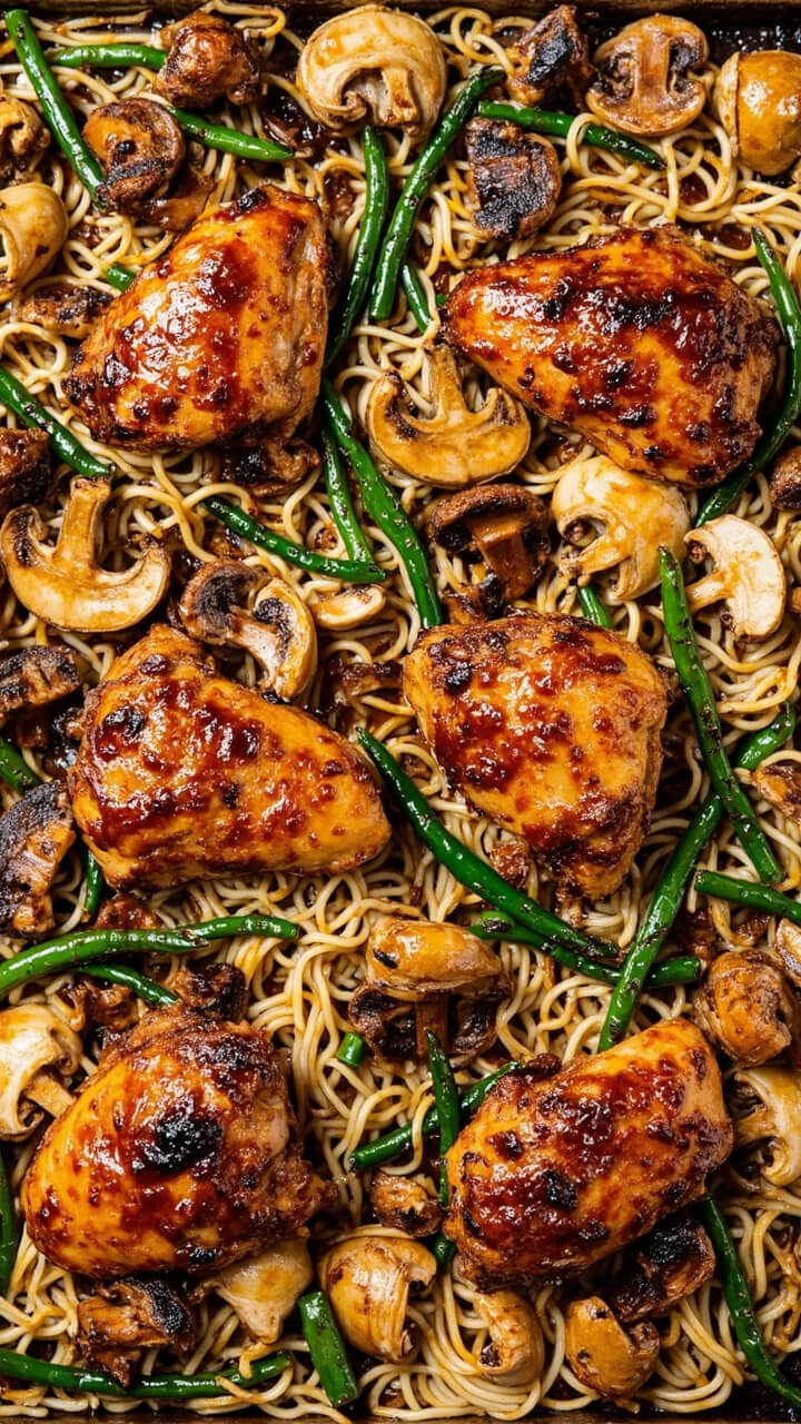 A baking sheet with broken ramen noodles, roasted chicken thighs, sliced mushrooms, and green beans, all roasted together with a soy and garlic glaze, everything lightly caramelized and ready to serve. A baking sheet with broken ramen noodles, roasted chicken thighs, sliced mushrooms, and green beans, all roasted together with a soy and garlic glaze, everything lightly caramelized and ready to serve.