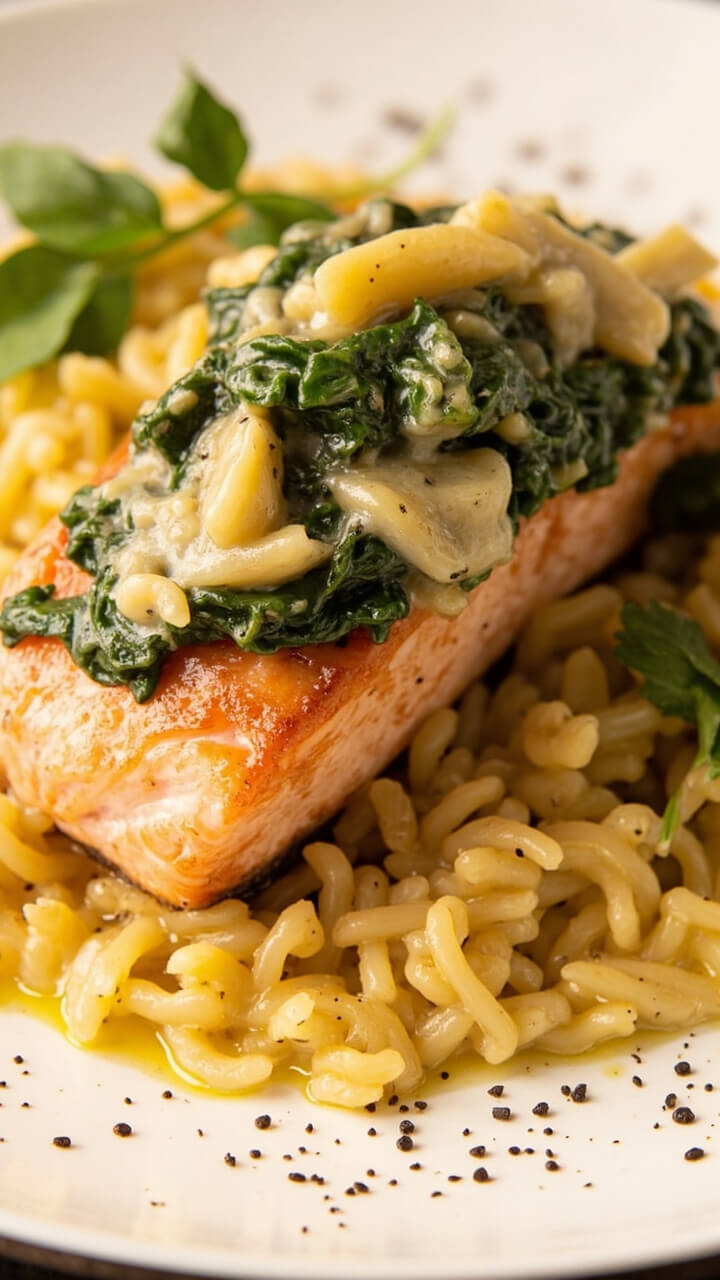 Salmon fillet topped with a mixture of creamy spinach and artichokes, golden and bubbly in spots. Served with a side of lemony orzo and sprinkled with black pepper.