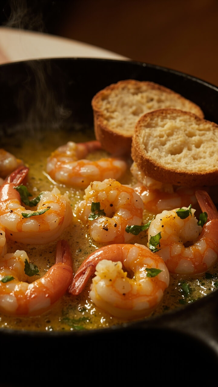 Sizzling shrimp coated in golden garlic butter, nestled in a black cast iron skillet, topped with flecks of chopped parsley, with steam rising gently, slices of rustic bread resting on the side of the skillet.
