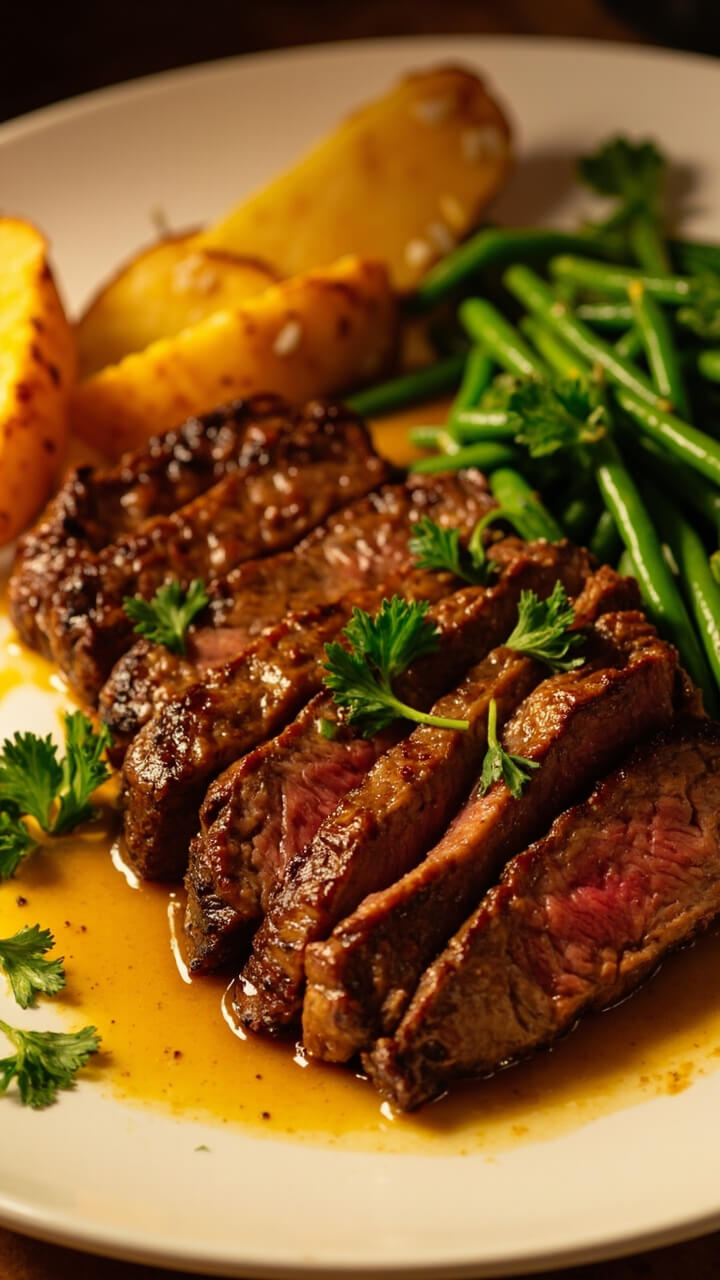 A thick sirloin steak sliced and fanned on a white dinner plate, glistening with golden melted garlic butter, scattered with fresh parsley, and served alongside steamed green beans and a few roasted potato wedges. A thick sirloin steak sliced and fanned on a white dinner plate, glistening with golden melted garlic butter, scattered with fresh parsley, and served alongside steamed green beans and a few roasted potato wedges.