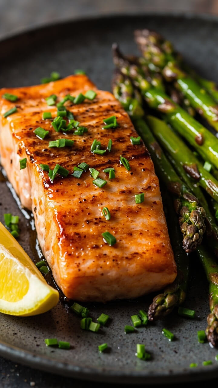 Salmon fillet coated with a shiny, golden maple-Dijon glaze, garnished with chopped chives. Served beside roasted asparagus and a lemon wedge on a matte charcoal plate.