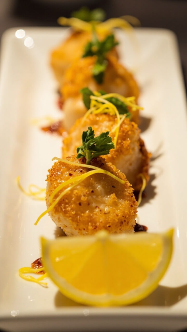 Golden, breaded scallops sitting in a row on a small rectangular platter, with a sprinkle of chopped parsley and lemon zest, and a wedge of lemon at the end of the plate.