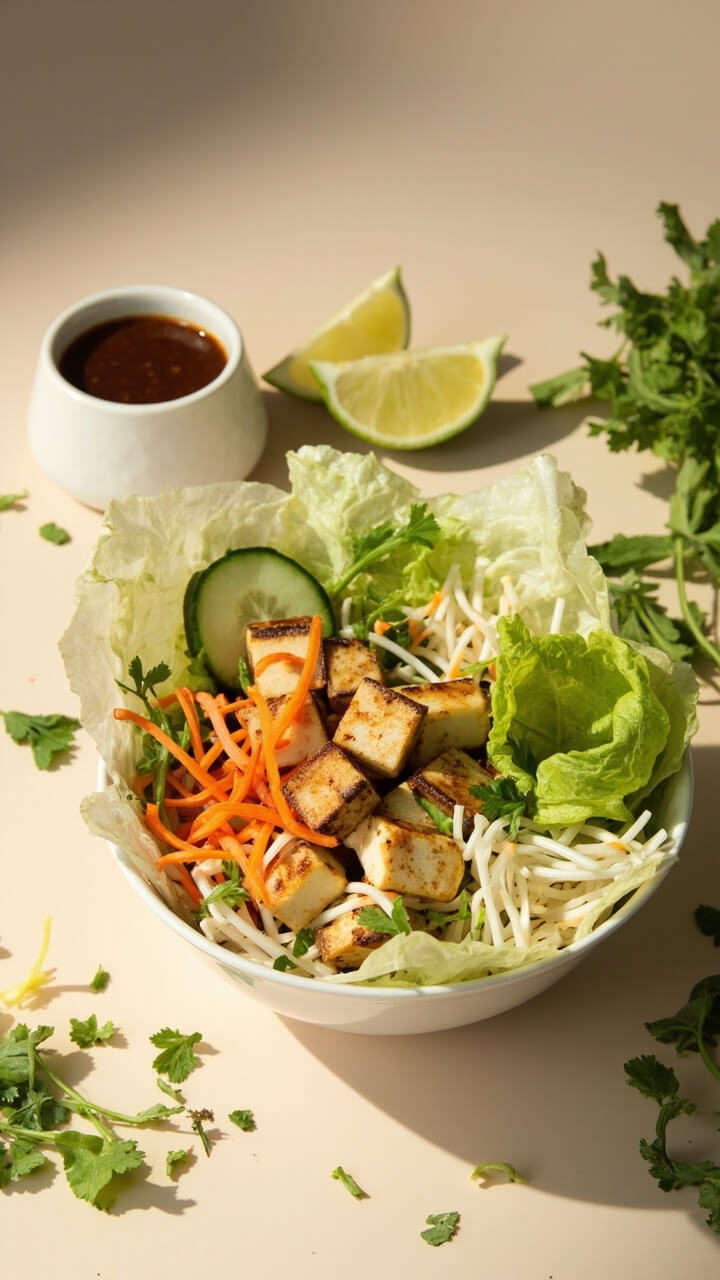 A white bowl layered with sliced rice paper strips, shredded lettuce, julienned carrots, bean sprouts, cucumber sticks, and grilled tofu cubes. A small bowl of hoisin-peanut sauce sits on the side, with lime wedges and scattered herbs.