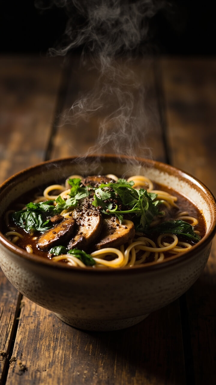 A stoneware bowl, steaming with dark mushroom broth, ramen noodles nestled in the middle, sautéed mushrooms and wilted spinach over the top, garnished with fresh parsley and a dusting of cracked pepper.