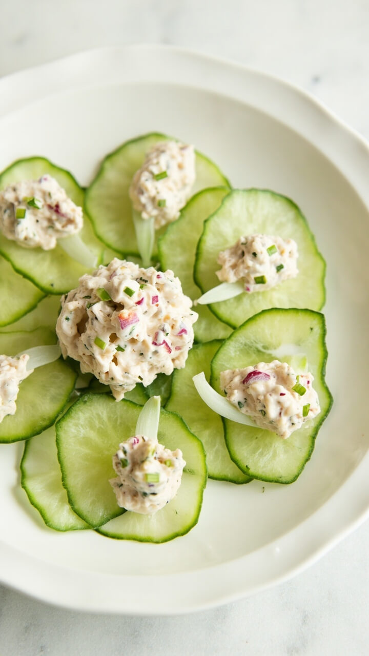 Cucumber slices topped with a neatly scooped portion of creamy crab salad, flecks of red onion and chives visible, all arranged in a concentric circle on a white plate. Cucumber slices topped with a neatly scooped portion of creamy crab salad, flecks of red onion and chives visible, all arranged in a concentric circle on a white plate.