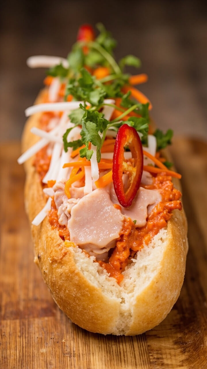 A crisp baguette sliced lengthwise, spread with Sriracha mayo, loaded with tuna, pickled carrot and daikon, cilantro sprigs, and thin jalapeño slices, stacked on a bamboo board. A crisp baguette sliced lengthwise, spread with Sriracha mayo, loaded with tuna, pickled carrot and daikon, cilantro sprigs, and thin jalapeño slices, stacked on a bamboo board.