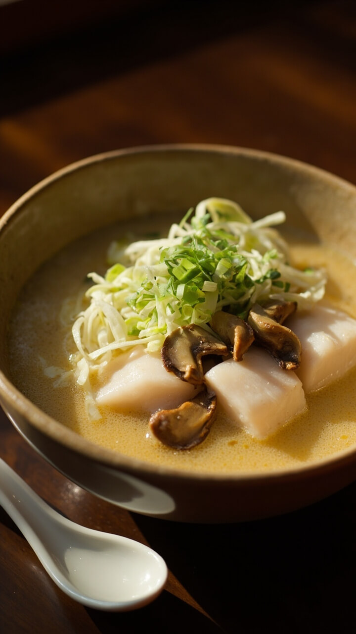A deep ceramic bowl filled with light golden broth, cubes of white fish, wafer-thin slices of shiitake mushrooms, shreds of napa cabbage, and green onions scattered on top. A porcelain soup spoon rests at the side. A deep ceramic bowl filled with light golden broth, cubes of white fish, wafer-thin slices of shiitake mushrooms, shreds of napa cabbage, and green onions scattered on top. A porcelain soup spoon rests at the side.