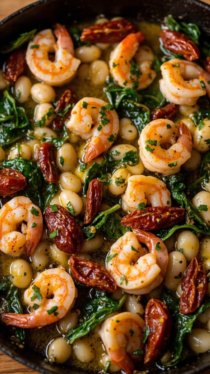 A cast iron skillet filled with chunky white beans, shrimp, sun-dried tomatoes, and fresh spinach in a light garlic and olive oil sauce. Finished with a sprinkle of parsley.