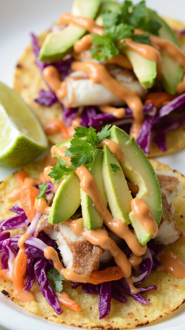 Two small corn tortillas layered with crispy rice paper-wrapped white fish, crunchy purple slaw, sliced avocado, and a drizzle of creamy chipotle sauce. Lime wedges and chopped cilantro finish the plate.