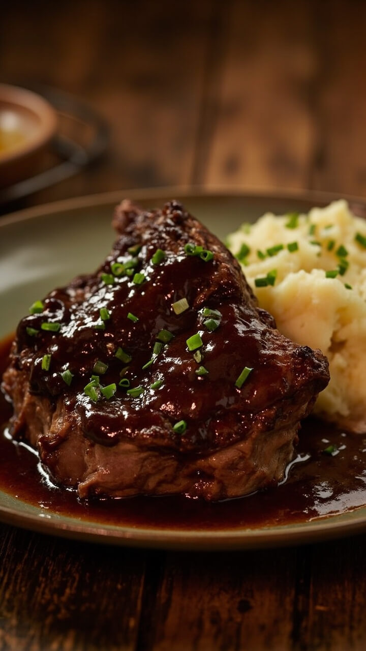 A rustic dish of fork-tender chuck steak bathed in deep red wine gravy, nestled beside pillowy mashed potatoes and scattered with chives. A rustic dish of fork-tender chuck steak bathed in deep red wine gravy, nestled beside pillowy mashed potatoes and scattered with chives.