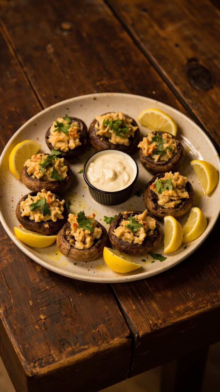 A round platter dotted with large mushroom caps stuffed with golden, herby crab filling. Chopped parsley is sprinkled on top, and lemon wedges rest near the edge of the plate. The background is a rustic wooden table with a small ramekin of dipping sauce. A round platter dotted with large mushroom caps stuffed with golden, herby crab filling. Chopped parsley is sprinkled on top, and lemon wedges rest near the edge of the plate. The background is a rustic wooden table with a small ramekin of dipping sauce.