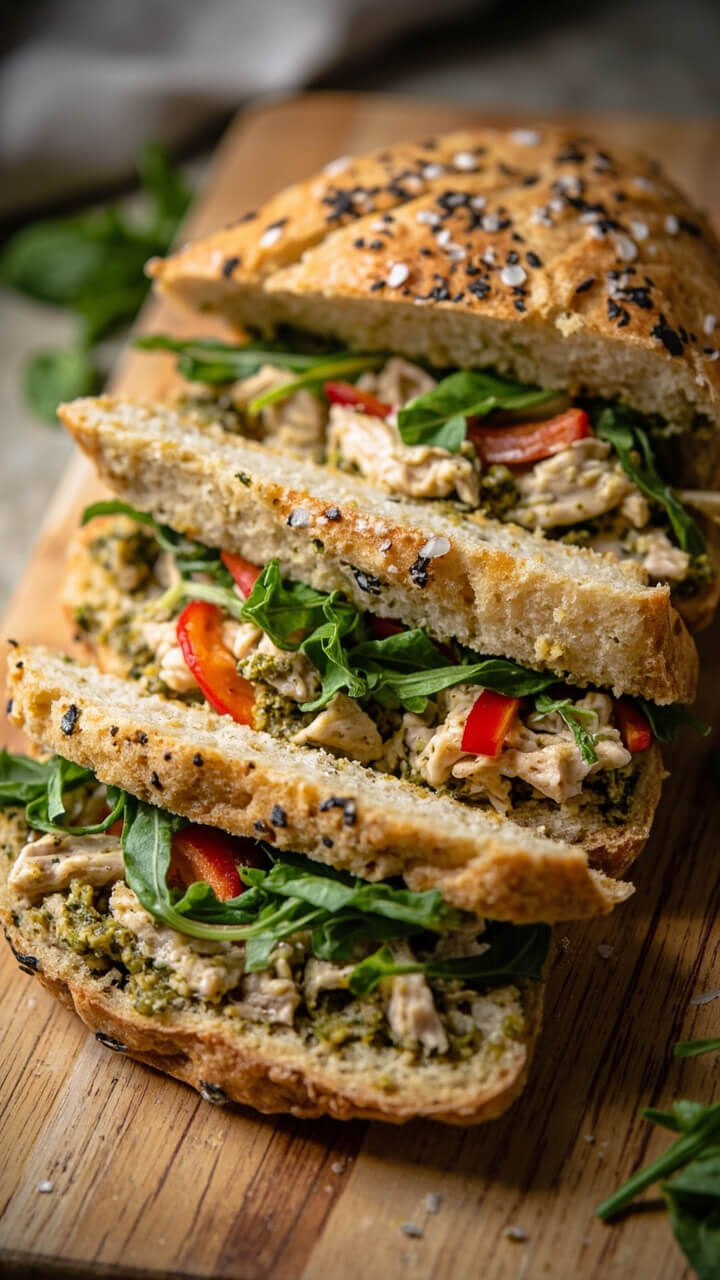 A slab of herby focaccia, split and filled with tuna mixed with pesto, roasted red peppers, arugula, and a squeeze of lemon, stacked and cut into triangles on a wooden cutting board with a few basil leaves as garnish. A slab of herby focaccia, split and filled with tuna mixed with pesto, roasted red peppers, arugula, and a squeeze of lemon, stacked and cut into triangles on a wooden cutting board with a few basil leaves as garnish.