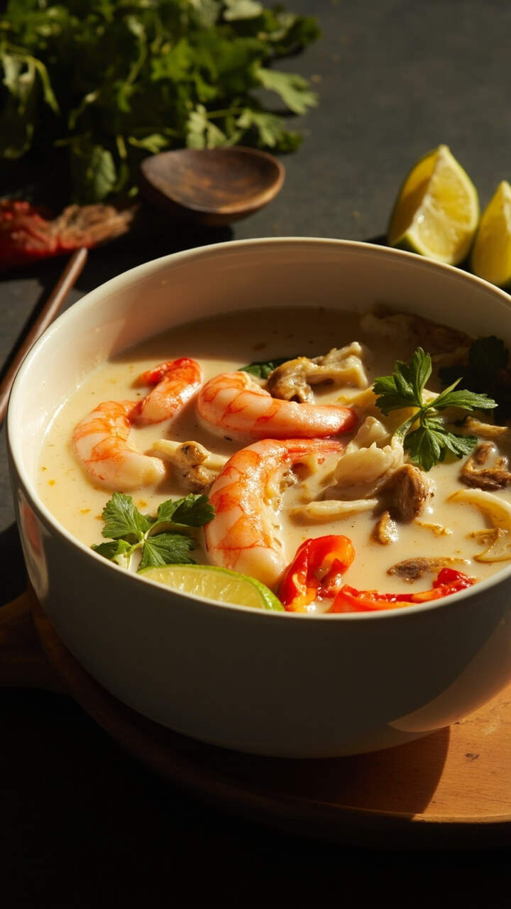 A deep white bowl with a creamy coconut broth, pieces of shrimp and squid, sliced red chili, lime wedges, mushrooms, and cilantro leaves floating on the surface. Served with a chopsticks/spoon set.