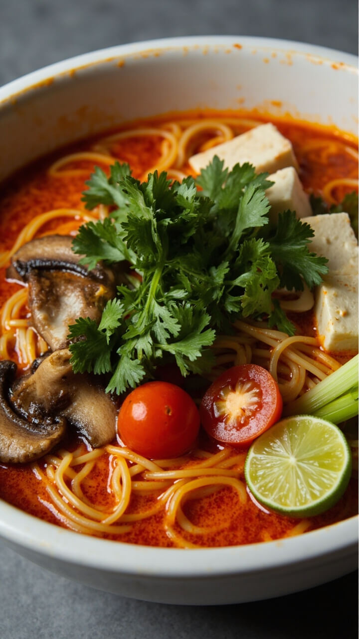 A deep white noodle bowl holding ramen in bright orange-red broth, floating with mushrooms, cherry tomatoes, tofu cubes, and cilantro. Lime wedges and sliced scallions are on the side. A deep white noodle bowl holding ramen in bright orange-red broth, floating with mushrooms, cherry tomatoes, tofu cubes, and cilantro. Lime wedges and sliced scallions are on the side.