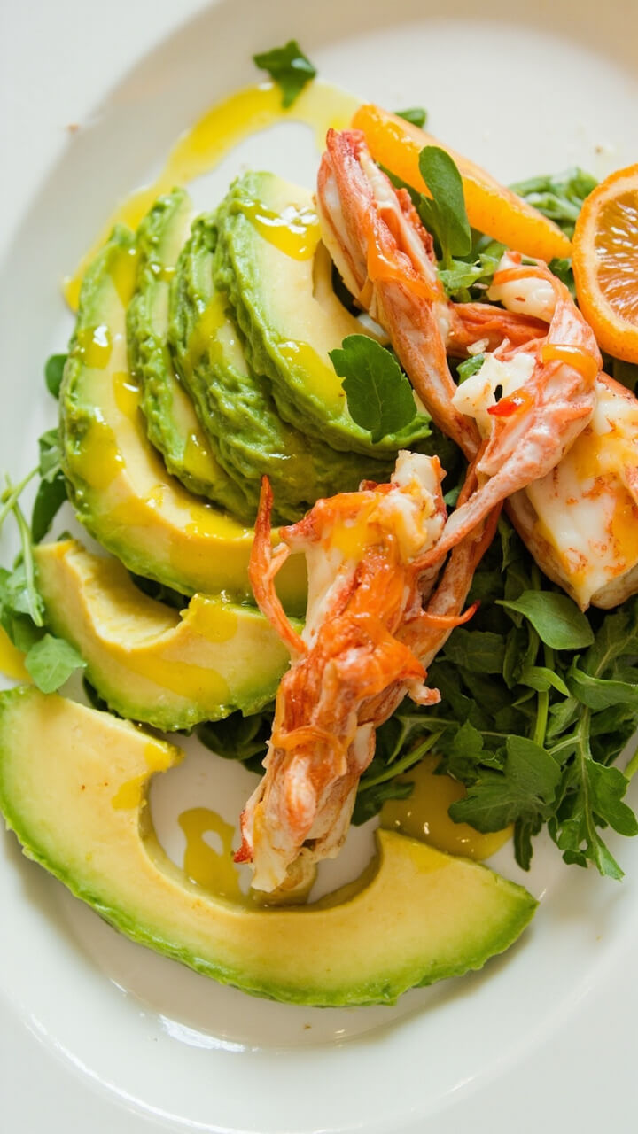 Sliced avocado fanned out over arugula, big lobster pieces nestled between, thin orange rounds scattered on top, generously drizzled with citrus vinaigrette on a white ceramic plate.