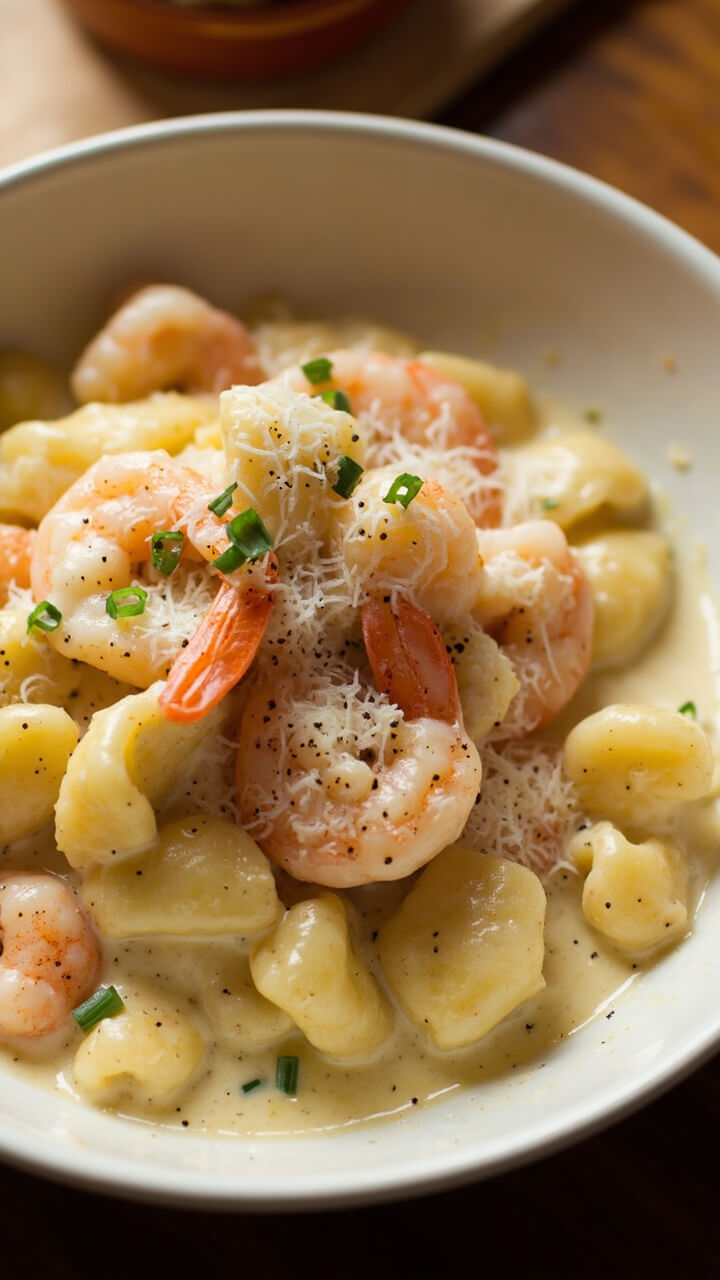 A deep white bowl filled with plump gnocchi drenched in white creamy Alfredo sauce, crowned with pink shrimp. Chopped chives and grated parmesan are scattered on top, with a dusting of black pepper. A deep white bowl filled with plump gnocchi drenched in white creamy Alfredo sauce, crowned with pink shrimp. Chopped chives and grated parmesan are scattered on top, with a dusting of black pepper.