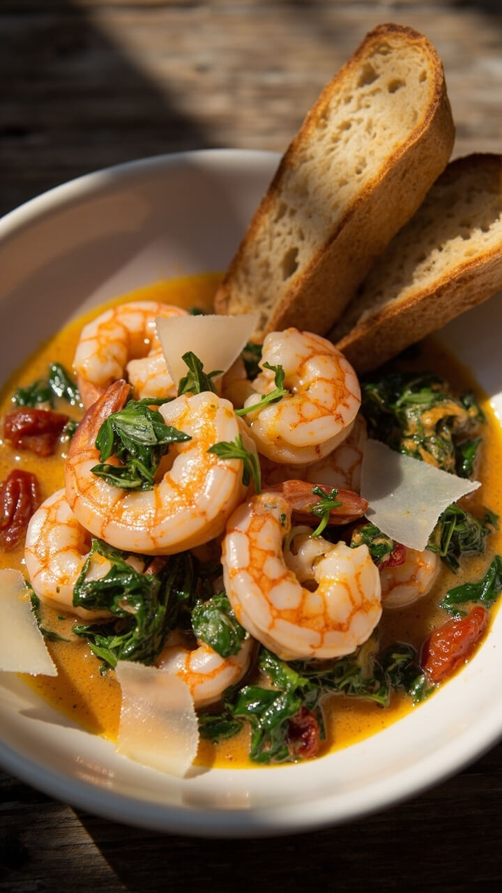 A shallow bowl filled with pink shrimp in a creamy, golden-orange sauce, dotted with wilted spinach and slivers of sun-dried tomatoes. Chopped parsley and grated Parmesan finish the dish, with sliced bread resting on the side of the bowl.