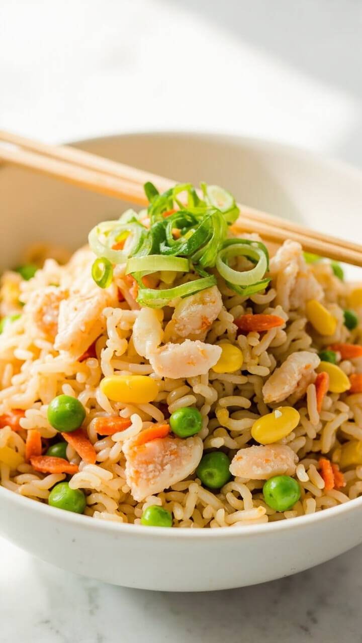 A shallow white bowl filled with fluffy fried rice, flecked with scrambled egg, pieces of imitation crab, peas, and carrots. A sprinkle of sliced green onion on top and chopsticks balanced on the rim.