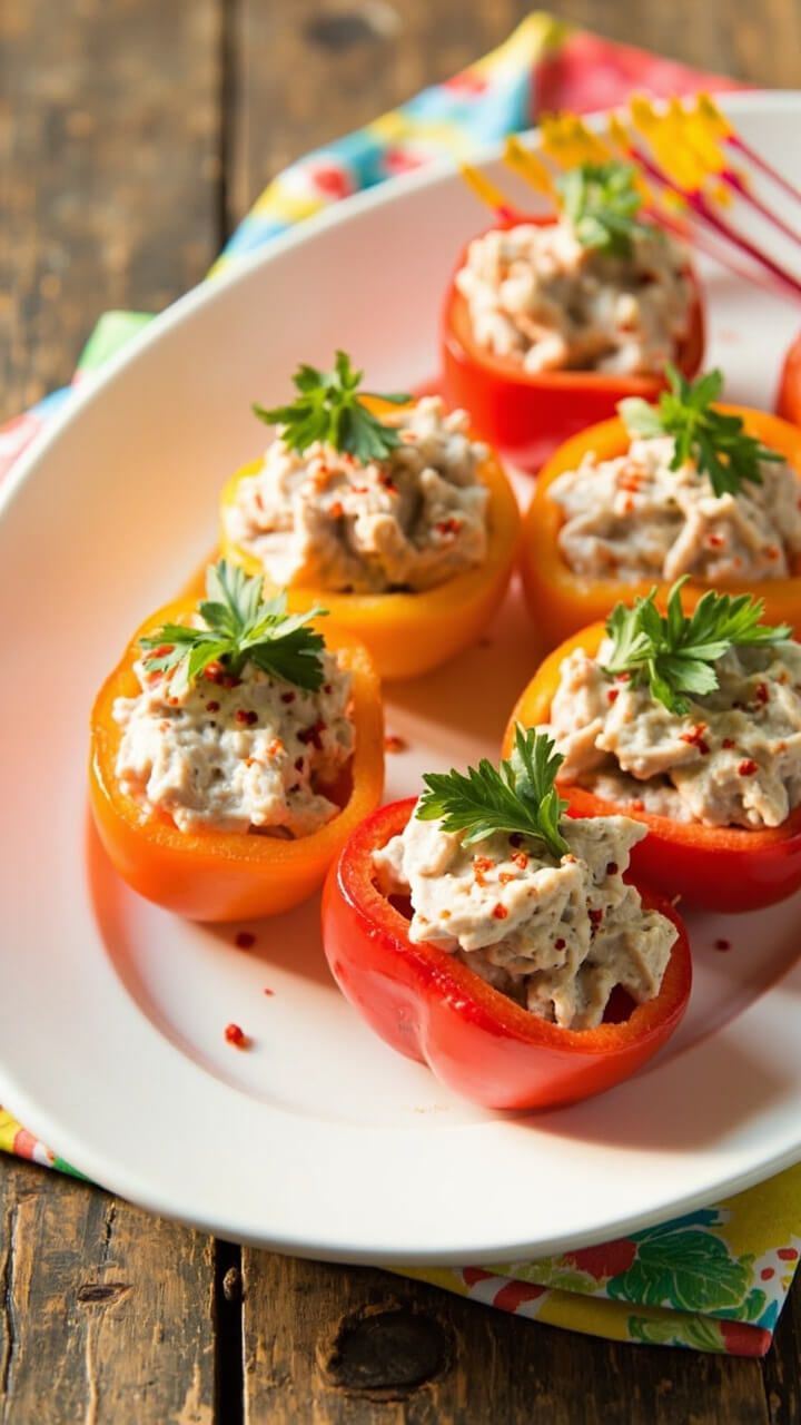 A white platter arranged with halved mini bell peppers, each filled with creamy tuna salad, topped with fresh parsley and a sprinkle of red pepper flakes. The peppers are vivid red, orange, and yellow, sitting on a rustic wood table with a festive napkin. A white platter arranged with halved mini bell peppers, each filled with creamy tuna salad, topped with fresh parsley and a sprinkle of red pepper flakes. The peppers are vivid red, orange, and yellow, sitting on a rustic wood table with a festive napkin.