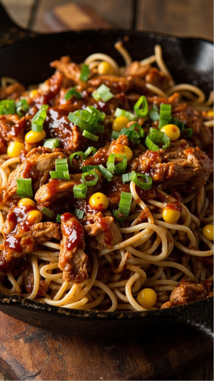 A cast-iron skillet full of ramen noodles coated in smoky barbecue sauce, chunks of shredded chicken, roasted corn kernels, and bits of chopped fresh scallion. The skillet sits atop a rustic wooden board, ready to serve. A cast-iron skillet full of ramen noodles coated in smoky barbecue sauce, chunks of shredded chicken, roasted corn kernels, and bits of chopped fresh scallion. The skillet sits atop a rustic wooden board, ready to serve.