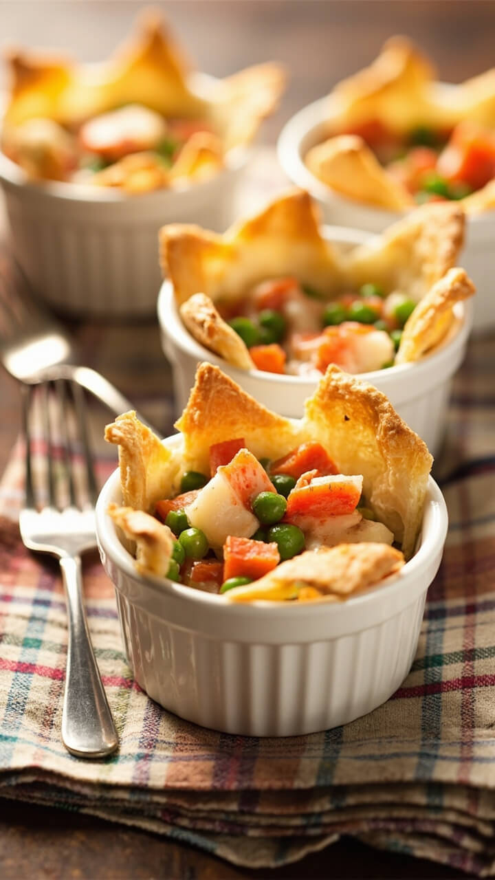 Individual white ramekins filled with golden, puffed pastry, the crust crackled open to reveal a creamy, colorful filling of lobster, peas, and carrots, served with small forks on a plaid napkin. Individual white ramekins filled with golden, puffed pastry, the crust crackled open to reveal a creamy, colorful filling of lobster, peas, and carrots, served with small forks on a plaid napkin.