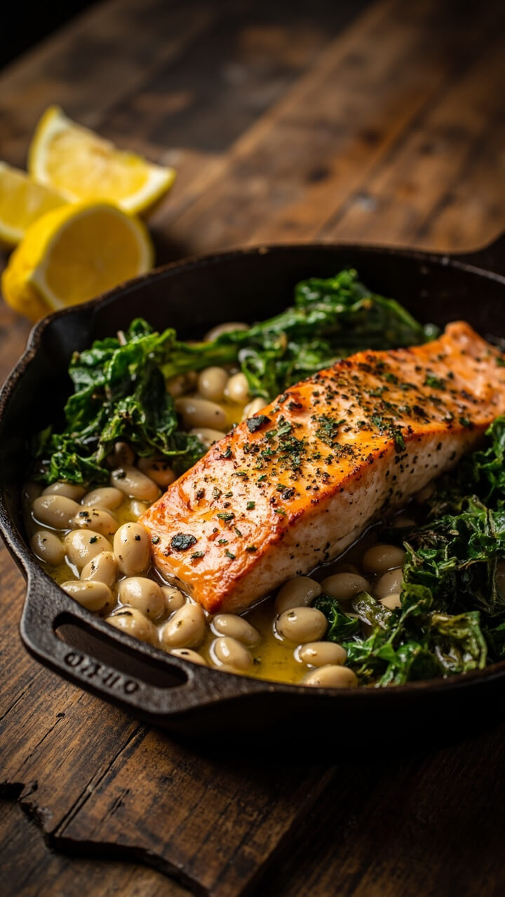 A rustic cast iron skillet filled with flaky salmon nestled among white beans and bright green kale, all glistening with olive oil, lemon wedges at the edge. A rustic cast iron skillet filled with flaky salmon nestled among white beans and bright green kale, all glistening with olive oil, lemon wedges at the edge.
