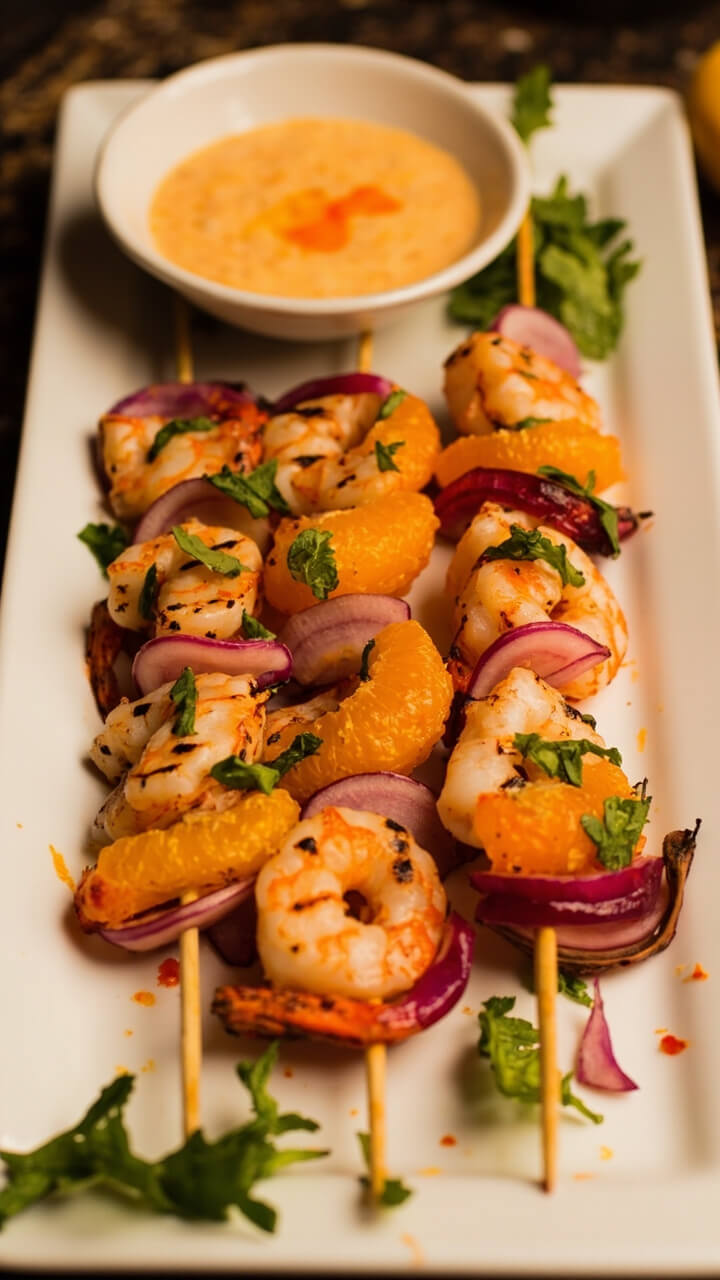 Bamboo skewers threaded with juicy shrimp, orange slices, and red onion, lightly charred. The skewers rest on a rectangular white platter, sprinkled with chopped mint. A small bowl of citrus dipping sauce is nearby. Bamboo skewers threaded with juicy shrimp, orange slices, and red onion, lightly charred. The skewers rest on a rectangular white platter, sprinkled with chopped mint. A small bowl of citrus dipping sauce is nearby.