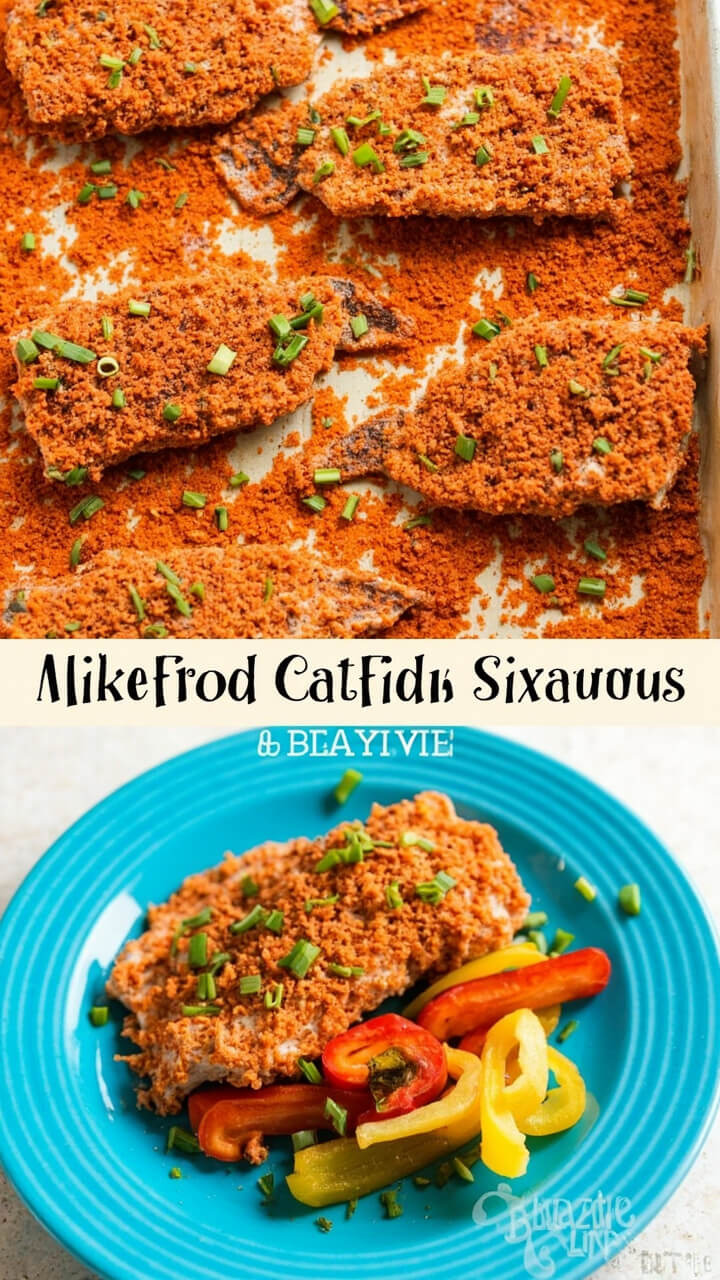 Catfish fillets coated in a reddish spice blend, baked on a parchment-lined tray, served with a sprinkle of finely chopped scallions and a few slices of bell pepper on a bright blue plate. Catfish fillets coated in a reddish spice blend, baked on a parchment-lined tray, served with a sprinkle of finely chopped scallions and a few slices of bell pepper on a bright blue plate.