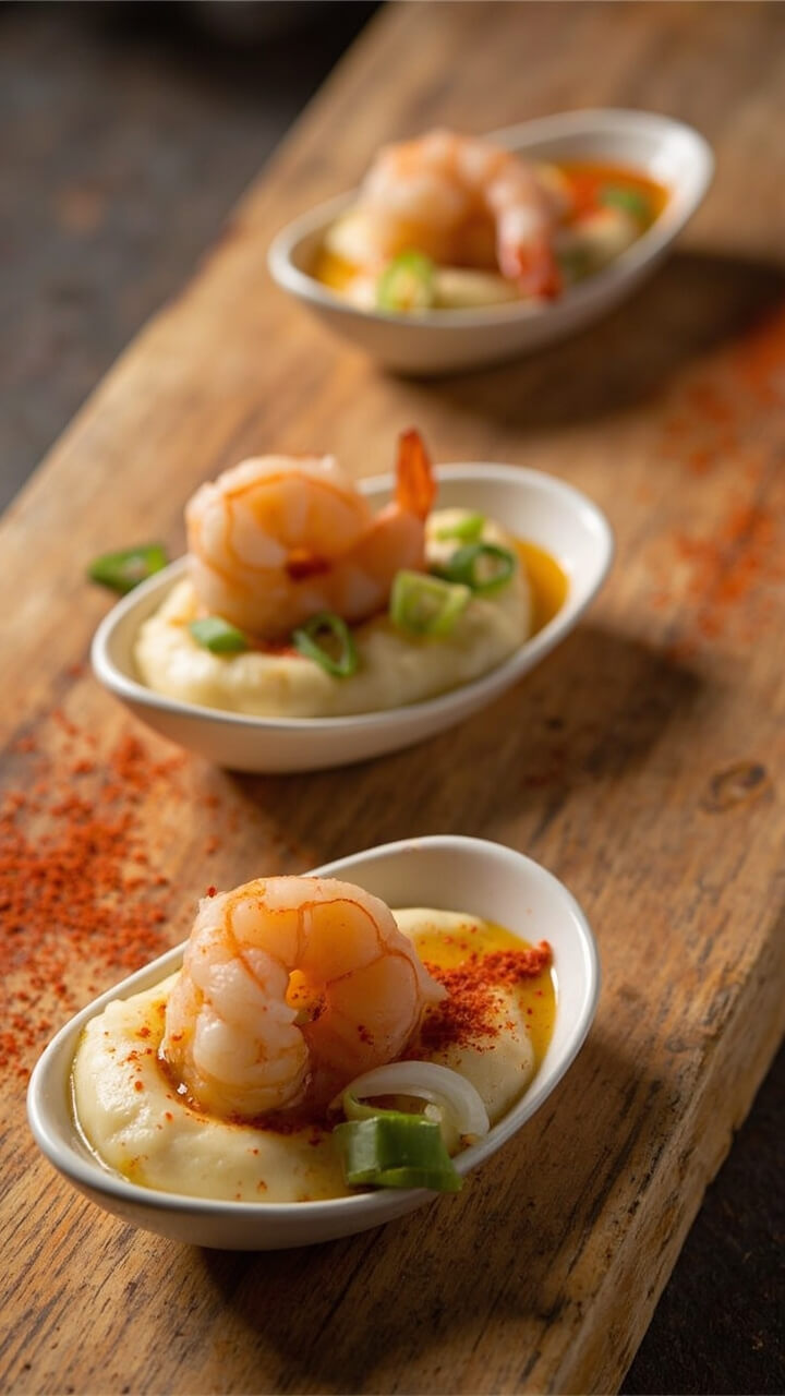 Shallow ceramic tasting spoons each holding a dollop of creamy grits with a single saucy pink shrimp, garnished with sliced scallion and a pinch of paprika, arranged on a wooden board. Shallow ceramic tasting spoons each holding a dollop of creamy grits with a single saucy pink shrimp, garnished with sliced scallion and a pinch of paprika, arranged on a wooden board.