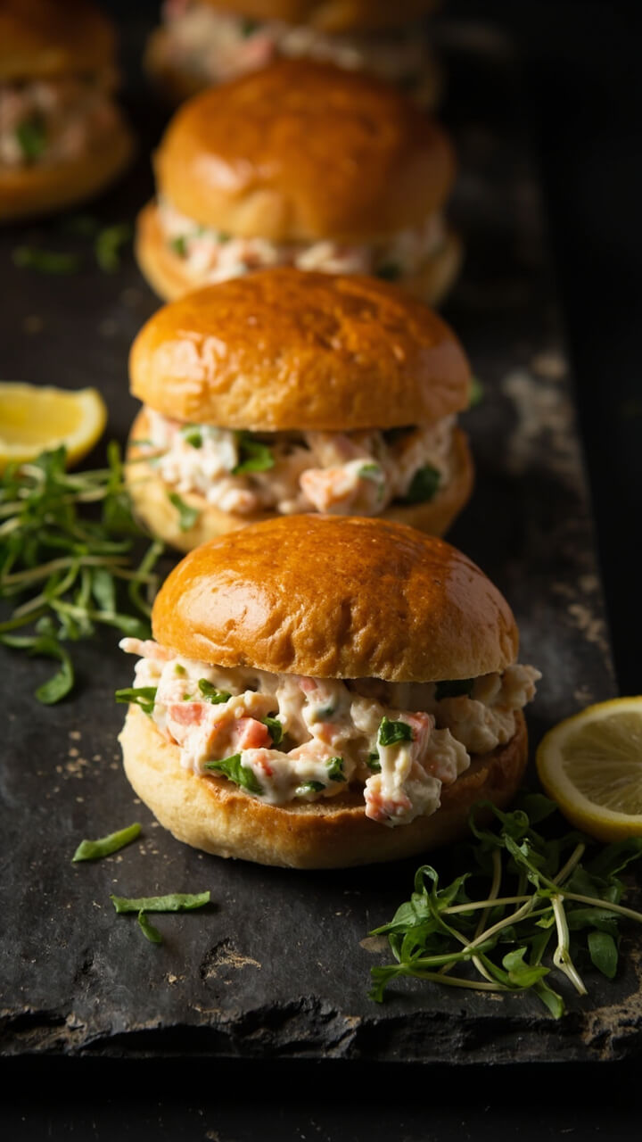 Small golden brioche rolls filled with lobster salad, flecks of chives visible, arranged in a neat row on a slate board, garnished with microgreens and thin lemon slices. Small golden brioche rolls filled with lobster salad, flecks of chives visible, arranged in a neat row on a slate board, garnished with microgreens and thin lemon slices.