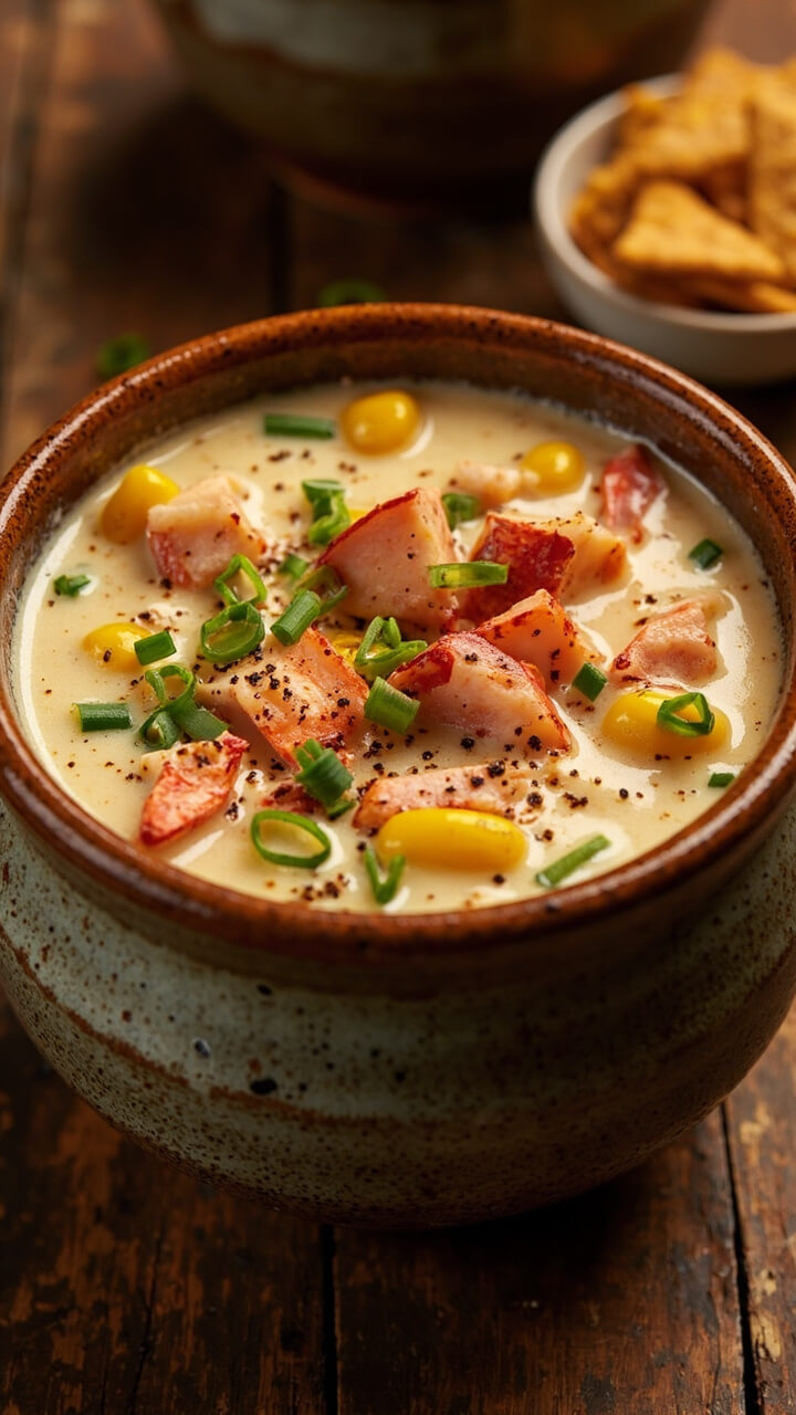 A rustic ceramic bowl brimming with chunky, creamy chowder, pieces of lobster and sweet corn floating on top, garnished with chopped chives and cracked pepper, served with oyster crackers on the side. A rustic ceramic bowl brimming with chunky, creamy chowder, pieces of lobster and sweet corn floating on top, garnished with chopped chives and cracked pepper, served with oyster crackers on the side.