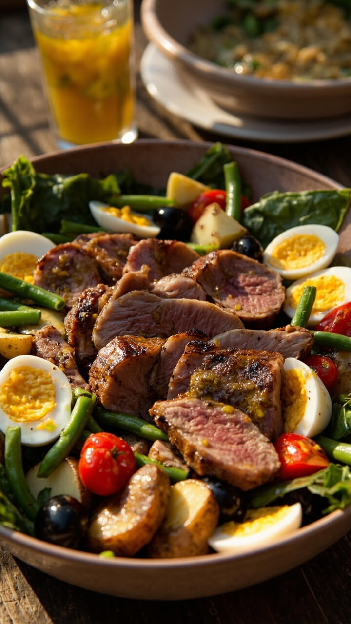 A large shallow bowl arranged with grilled tuna steak slices, halved boiled potatoes, green beans, cherry tomatoes, olives, and hard-boiled eggs, all drizzled with vinaigrette.