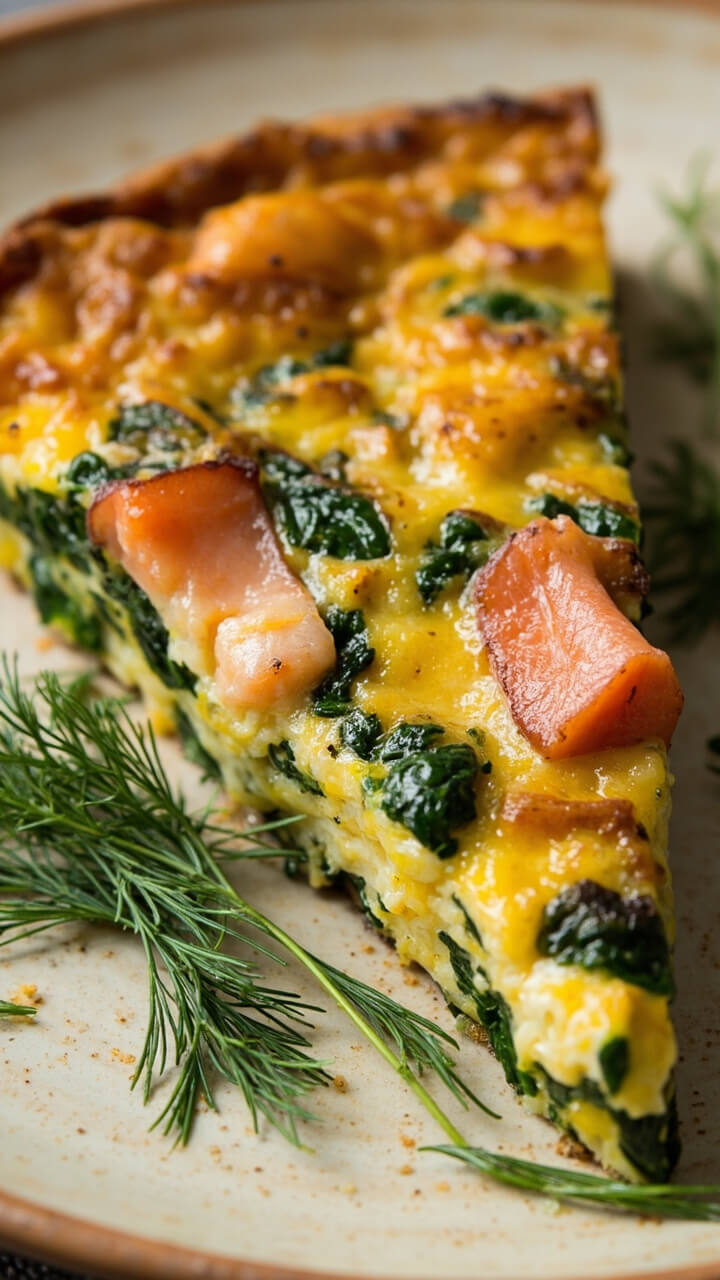 A wedge of golden frittata packed with bright green spinach and pink salmon pieces, served on a ceramic plate with a scattering of fresh herbs.