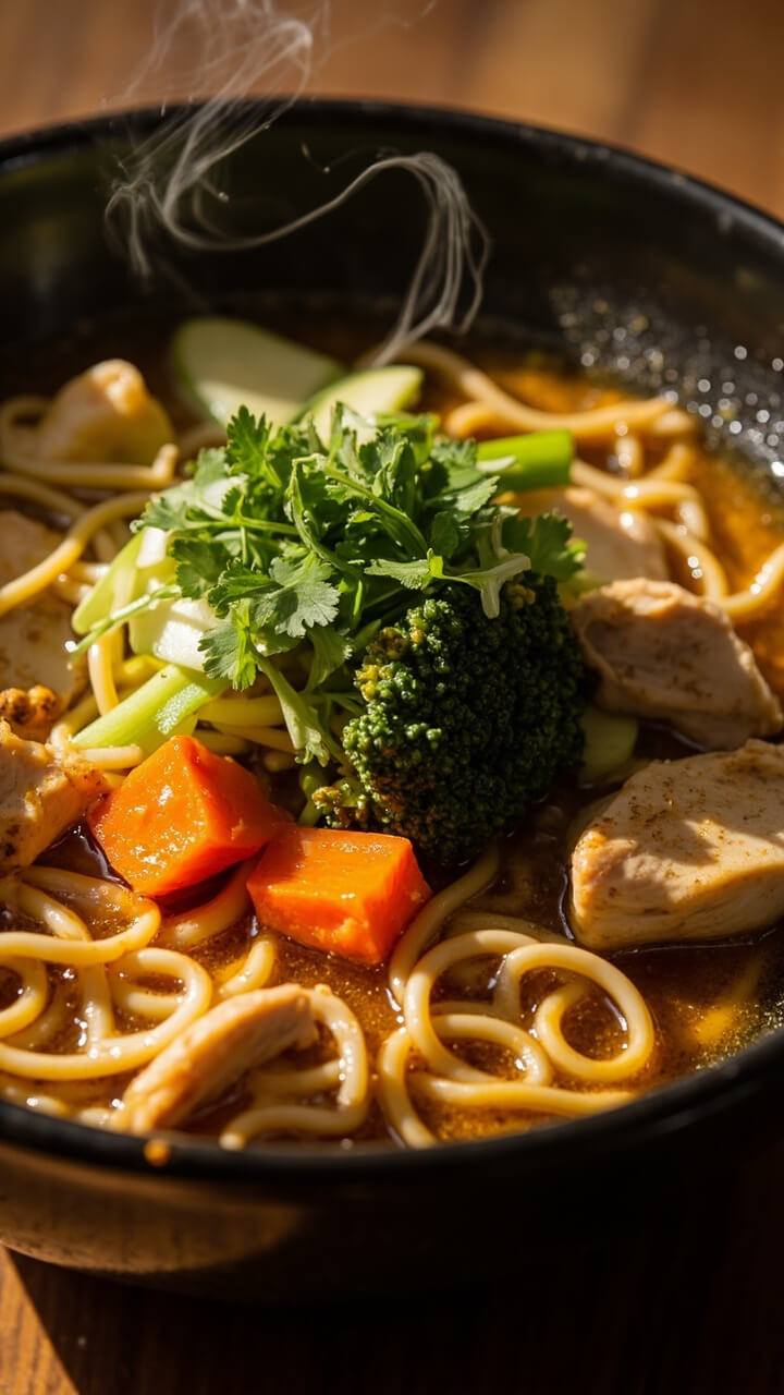 A deep bowl brimming with clear broth, ramen noodles, chunks of chicken, diced carrots, sliced celery, broccoli florets, and a few fresh herbs sprinkled on top. The broth is steaming and everything looks vibrantly tender. A deep bowl brimming with clear broth, ramen noodles, chunks of chicken, diced carrots, sliced celery, broccoli florets, and a few fresh herbs sprinkled on top. The broth is steaming and everything looks vibrantly tender.